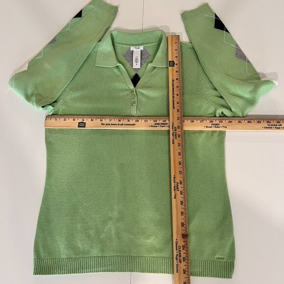Izod Womens Green Black & White V-Neck Argyle Golf Sweater Sz M Preppy Cotton - Picture 3 of 6